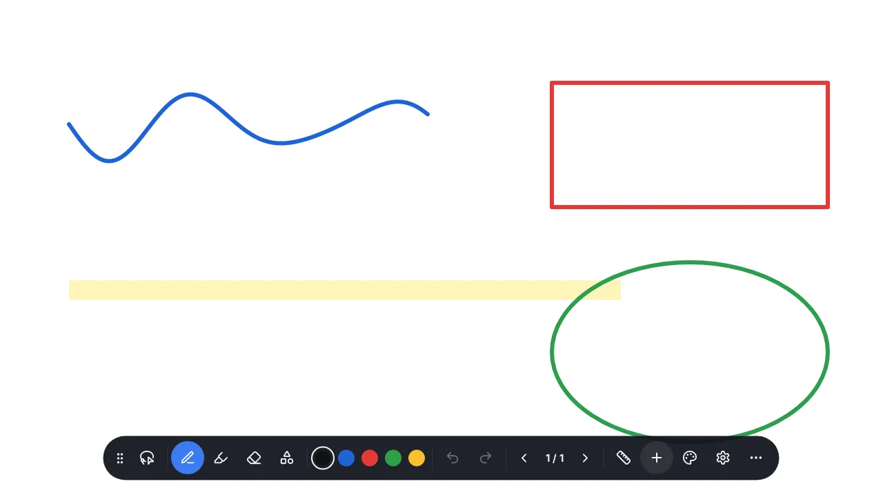 EZ Board on a smart board: blue ink, a red rectangle and a green ellipse drawn on a white board, with the toolbar at the bottom.