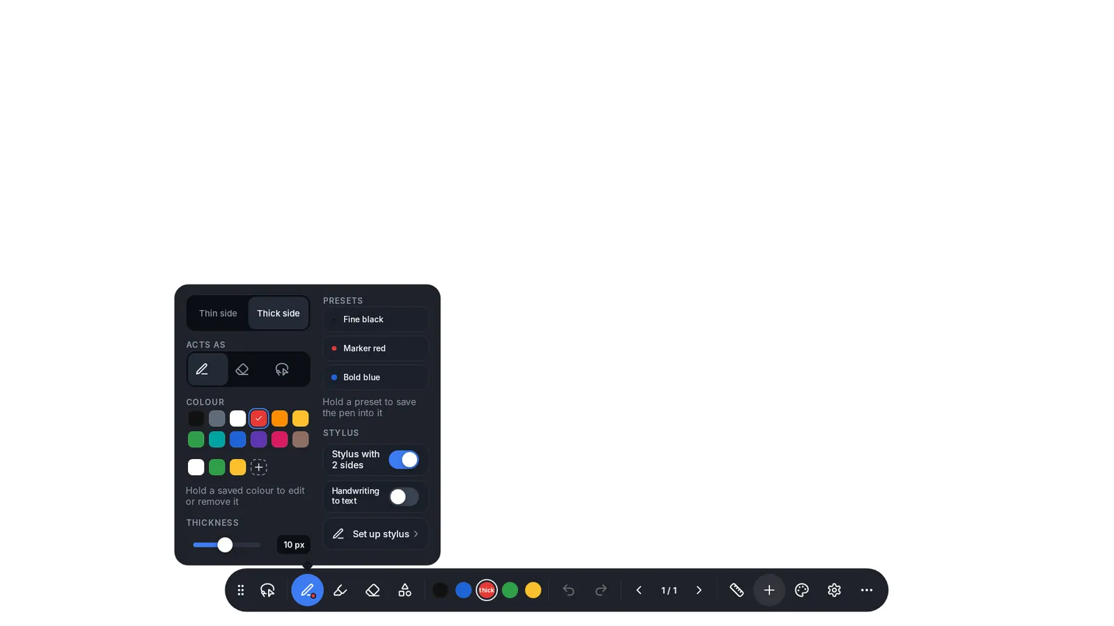 Pen colour and thickness options on a dark panel.