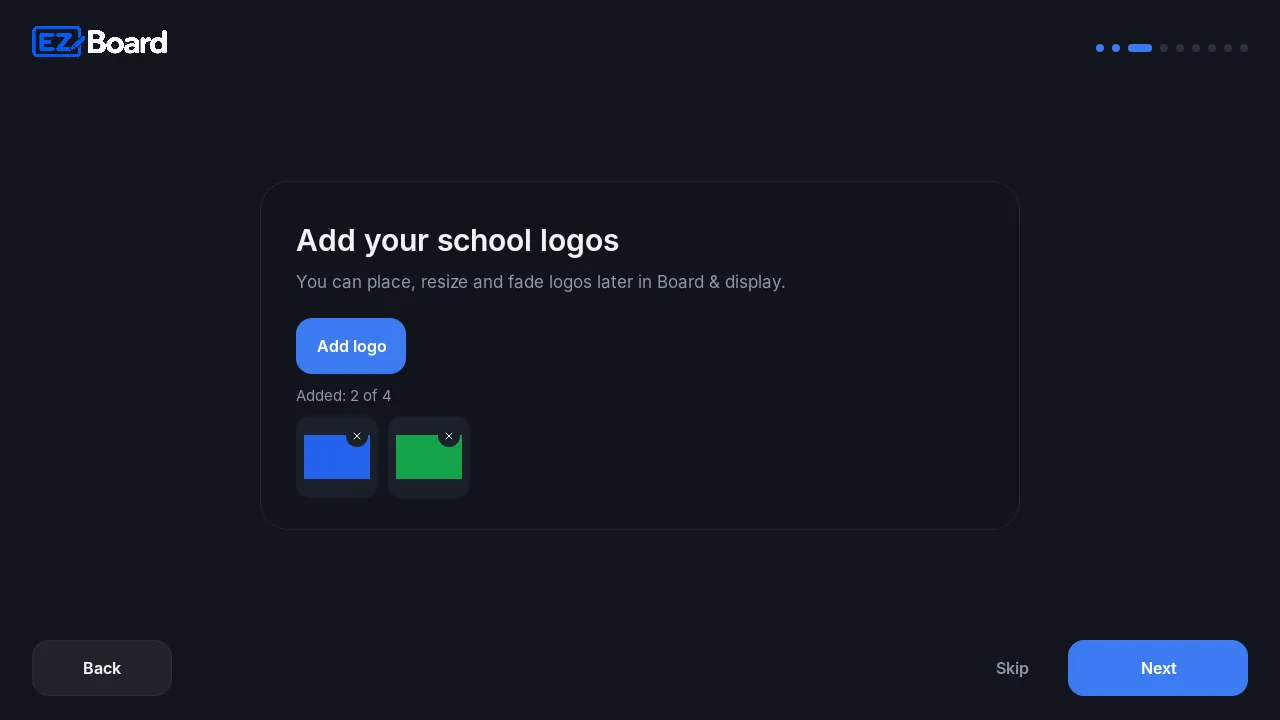 The set-up screen for adding a school logo to the board.